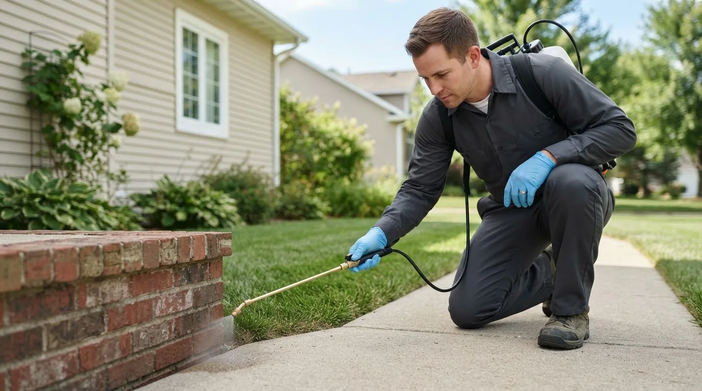 Pest control technician treating a home near Garfield, MN